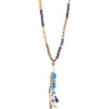 Gümüş Hediye Al El Yapımı Etnik Ahşap Kombinli Mavi Renk Geçişli Deniz Kabuğu Detaylı Otantik Kolye