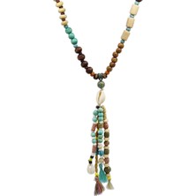 Gümüş Hediye Al El Yapımı Etnik Ahşap Kombinli Turkuaz Renk Geçişli Deniz Kabuğu Detaylı Otantik Kolye