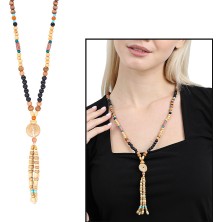 Gümüş Hediye Al El Yapımı Etnik Ahşap Kombinli Kahve Renk Geçişli Tekerlek Detaylı Otantik Kolye