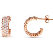 Gümüş Hediye Al Zirkon Taşlı Yarım Tur Rose Renk 925 Ayar Gümüş Kadın Küpe