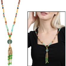 Gümüş Hediye Al El Yapımı Etnik Ahşap Kombinli Yeşil Renk Geçişli Tekerlek Detaylı Otantik Kolye