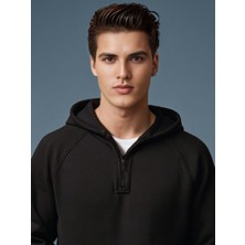 Qmari Yarım Fermuarlı Kapüşonlu Sweatshirt Raglan Uzun Kollu - 3iplik Pamuklu Standart Fit HOD5059