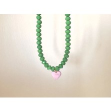 Atelier Çağla Pembe Cam Murano Kalp Yeşil Boncuk Kolye