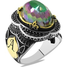Gümüş Hediye Al Faset Mistik Topaz Taşlı Oval Tasarım Kişiye Özel Isim/harf Yazılı 925 Ayar Gümüş Erkek Yüzük