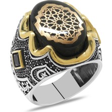 Gümüş Hediye Al Siyah Kehribar Üzeri Anadolu Motifli Yanları Gravür Işlemeli 925 Ayar Gümüş Erkek Yüzük