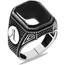 Gümüş Hediye Al Nokta Işlemeli Siyah Oniks Taşlı Kişiye Özel Isim/harf Yazılı 925 Ayar Gümüş Erkek Yüzük