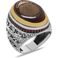 Gümüş Hediye Al Kırmızı Kehribar Taş Üzerine Hüsn-I Hat Inşirah Suresi Oval Tasarım 925 Ayar Gümüş Erkek Yüzük