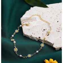 Gümüş Hediye Al Gold Renk Metal Zincirli Inci Süslemeli Kır Çiçeği Detaylı Kadın Bileklik