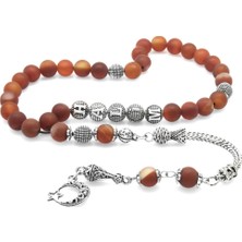 Gümüş Hediye Al Kararmaz Metal Püsküllü Küre Kesim Kişiye Özel Isim Yazılı Kırmızı Mat Akik Doğaltaş Tesbih