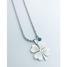 Gümüş Hediye Al Silver Renk Burma Zincirli Nazar Boncuğu Detaylı Yonca Yaprağı Tasarım Çelik Kadın Kolye