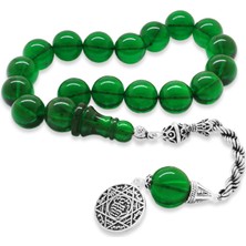 Gümüş Hediye Al 925 Ayar Gümüş Halat Püsküllü Küre Kesim Yeşil Ateş Kehribar Tesbih