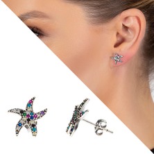 Tesbihane Multicolor Zirkon Taşlı Deniz Yıldızı Tasarım 925 Ayar Gümüş Kadın Küpe