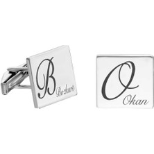 Tesbihane Kişiye Özel Isim Yazılı Kare Tasarım 925 Ayar Gümüş Kol Düğmesi