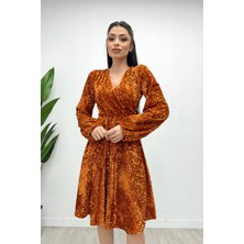 Giyimmasalı Kadife Payet Kumaş Kruvaze Yaka Midi Elbise - Gold