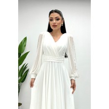 Giyimmasalı Şifon Kumaş Inci Detaylı Midi  Elbise - Beyaz