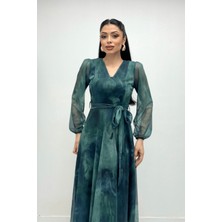 Giyimmasalı Tül Kumaş V Yaka Midi Elbise - Turkuaz