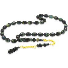 Tesbihane Gümüş Püsküllü Imamesı Usta Işçilikli Kapsül Kesim Sedefli Turkuaz-Siyah Sıkma Kehribar Tesbih