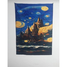 Owl Bag Yıldızlı Gece Şato Manzara Desenli Tasarım Duvar Halısı