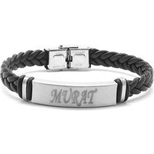 Okyanus Silver Kişiye Özel Isim Yazılı Çelik-Deri Bileklik (Model-2)