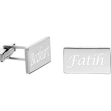 Okyanus Silver Kişiye Özel Isim Yazılı Dörtgen Tasarım 925 Ayar Gümüş Kol Düğmesi