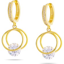 Okyanus Silver Starlight Diamond Tektaşlı Kalp Tasarım Gold Renk 925 Ayar Gümüş Sallantılı Küpe