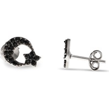Okyanus Silver Siyah Zirkon Taşlı Ayyıldız Tasarım 925 Ayar Gümüş Kadın Küpe