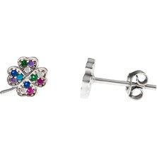 Okyanus Silver Multicolor Zirkon Taşlı Yonca Yaprağı Tasarım 925 Ayar Gümüş Kadın Küpe