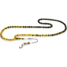Okyanus Silver 925 Ayar Gümüş Püsküllü Küre Kesim Süzme Sarı-Siyah Ateş Kehribar 99LUK Tesbih