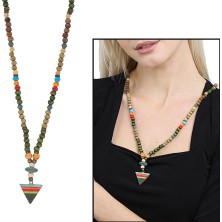 Okyanus Silver El Yapımı Etnik Ahşap Kombinli Yeşil Renk Geçişli Mızrak Uçlu Otantik Kolye