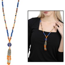 Okyanus Silver El Yapımı Etnik Ahşap Kombinli Mavi Renk Geçişli Tekerlek Detaylı Otantik Kolye