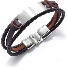 Okyanus Silver Minimal Tasarım Kahverengi Deri & Gümüş Renk Plaka Kişiye Özel Isim/harf Yazılı Erkek Bileklik