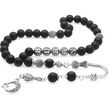 Okyanus Silver Kararmaz Metal Püsküllü Küre Kesim Kişiye Özel Isim Yazılı Mat Oniks Doğaltaş Tesbih