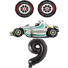 Rönesans Parti Beyaz Yarış Arabası Lastik Ve Siyah Rakam Folyo Balon Seti Yaş 9