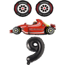 Rönesans Parti Kırmızı Yarış Arabası Lastik Ve Siyah Rakam Folyo Balon Seti Yaş 9