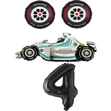 Rönesans Parti Beyaz Yarış Arabası Lastik Ve Siyah Rakam Folyo Balon Seti Yaş 4