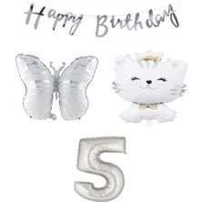 Rönesans Parti Happy Bırthday Banner Sevimli Kedi Kelebek Ve Rakam Folyo Balon Seti Yaş 5