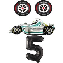 Best Parti Beyaz Yarış Arabası Lastik Ve Siyah Rakam Folyo Balon Seti Yaş 5