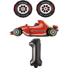 Best Parti Kırmızı Yarış Arabası Lastik Ve Siyah Rakam Folyo Balon Seti Yaş 1