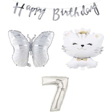 Best Parti Happy Bırthday Banner Sevimli Kedi Kelebek Ve Rakam Folyo Balon Seti Yaş 7