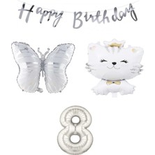 Best Parti Happy Bırthday Banner Sevimli Kedi Kelebek Ve Rakam Folyo Balon Seti Yaş 8