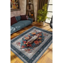 Homshtag Mum Temalı Halı Mavi Gri Meditasyon Halısı Çiçekli Vintage Halı Spiritüel Temalı Halısı