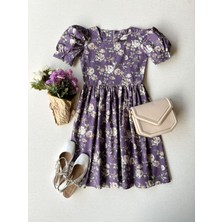 Küçüğüm Butik Kadın Mor Güllü Karpuz Kol Poplin Elbise