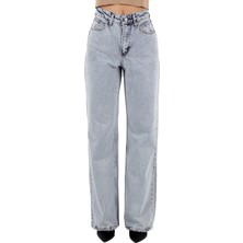 Richmost Yüksek Belli Cepli Rahat Kot Kadın Pantolon Kar Yıkama Açık Denim