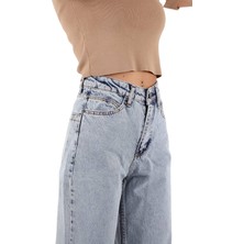 Richmost Yüksek Belli Cepli Rahat Kot Kadın Pantolon Kar Yıkama Açık Denim