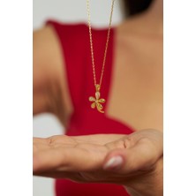 Roza Silver Zirkon Taşlı Gold Beş Yapraklı Yonca Gümüş Kolye