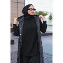 Minel Kadın Taba Kapüşonlu Kapitone Yelek MNL-023Y Siyah
