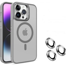 Case Street Apple iPhone 14 Pro Max Kılıf Magsafeli Standlı Sert Mika + Lens Koruyucu + Nano Gri