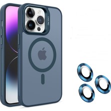 Smcase Apple iPhone 15 Pro Kılıf Magsafeli Standlı Sert Mika + Lens Koruyucu + Nano Lacivert