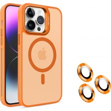 Smcase Apple iPhone 15 Pro Kılıf Magsafeli Standlı Sert Mika + Lens Koruyucu + Nano Turuncu