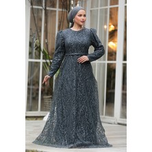 Neva Style Boncuk İşlemeli Antrasit Tesettür Abiye 23091ANT